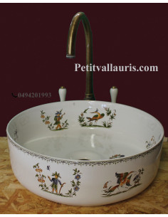 Vasque ronde à poser en porcelaine blanche reproduction décor Tradition Vieux Moustiers polychrome