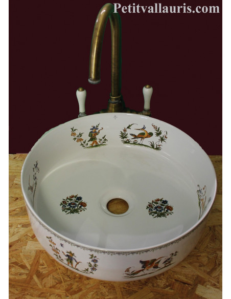 Vasque ronde à poser en porcelaine blanche reproduction décor Tradition Vieux Moustiers polychrome
