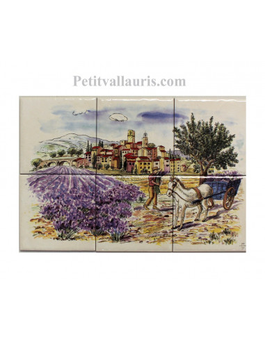 Fresque faïence Paysage village + lavandes + charette sur 6 carreaux 10 x 10 cm