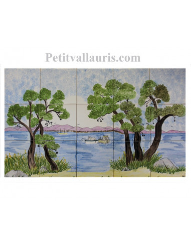 Fresque murale sur carreaux de faience décor artisanal modèle bord de mer et pins 45x75