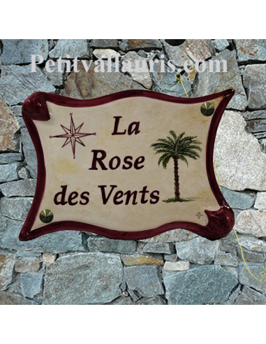 Plaque exterieure en céramique modele parchemin motif artisanal palmier et rose des vents avec inscription personnalisée