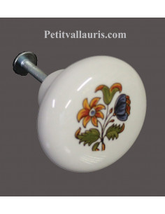 Bouton de tiroir en porcelaine blanche pour mobilier décor fleurs polychromes (diamètre 42 mm)