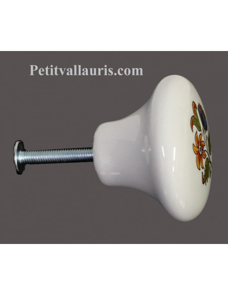 Bouton de tiroir en porcelaine blanche pour mobilier décor fleurs polychromes (diamètre 42 mm)