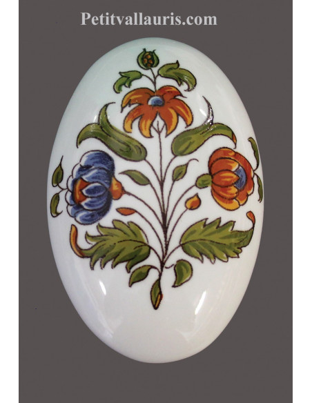 Bouton-poignée de porte et placard ovale en porcelaine décor bouquet de fleurs polychromes (diamètre 50 mm)