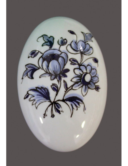 Bouton-poignée de porte et placard ovale en porcelaine décor bouquet de fleurs bleues
