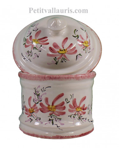 Pot de Salle de bain et à coton en faience blanche motif artisanal fleurs roses