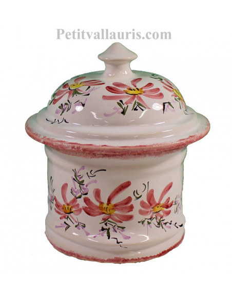 Pot de Salle de bain et à coton en faience blanche motif artisanal fleurs roses