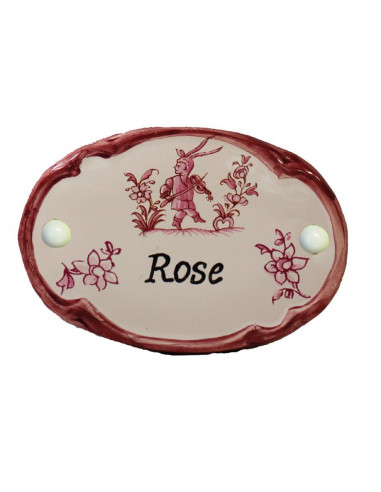 Plaque de porte en faience blanche modèle ovale décor rose avec inscription personnalisée
