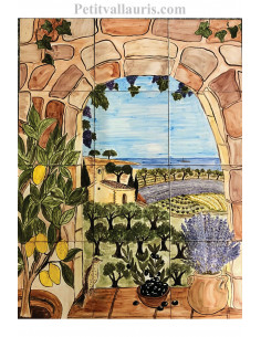 Fresque murale sur carrelage en faience motif artisanal trompe l'oeil paysage méditerranéen 60x80