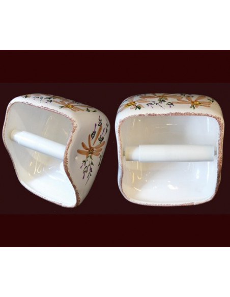 Dérouleur-dévidoir "ouvert" de papier toilette en céramique blanche motif motif artisanal fleurs beiges-saumon