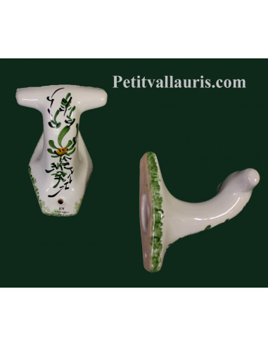Patère / Porte serviette en faience modèle classique décor artisanal fleurs vertes (l'unité)