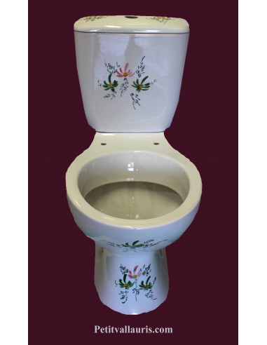 Toilettes-WC en porcelaine au décor artisanal fleuri vert et rose