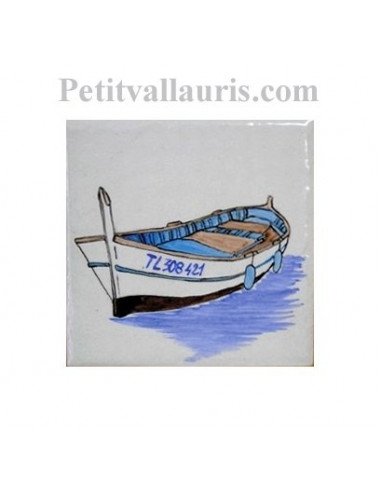 Carrelage mural en faience blanche collection bateaux anciens motif artisanal Barque méditérranéenne le "Pointu" 