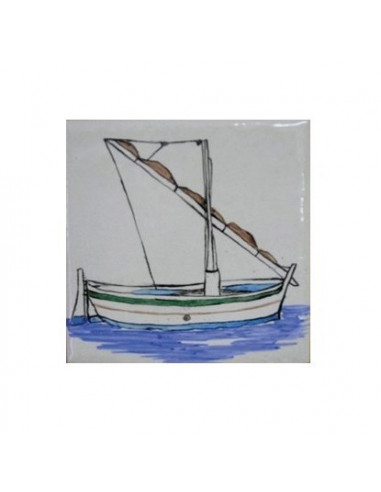 Carrelage mural en faience blanche collection bateaux anciens motif artisanal Barque méditérranéenne le "Pointu avec mat"