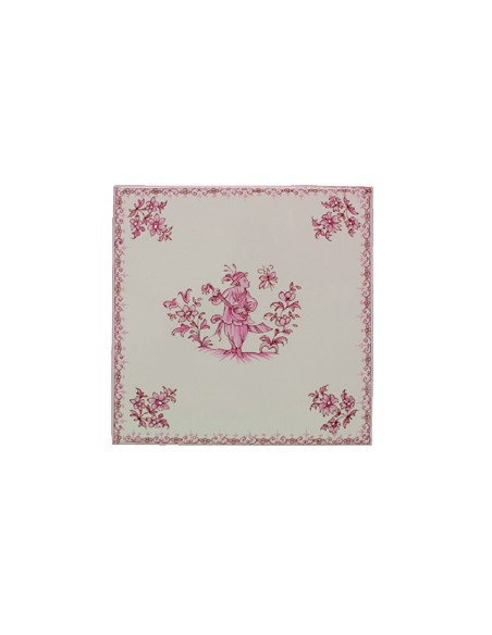Carreau 20 x20 en faience blanche décor fleurs médium et motif central décor inspiration vieux moustiers rose