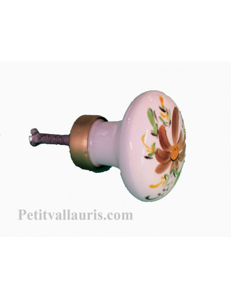 Gros bouton de placard rond en porcelaine blanche motif artisanal fleurs coloris marron (diamètre 50 mm)
