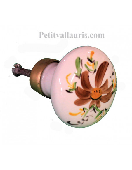 Gros bouton de placard rond en porcelaine blanche motif artisanal fleurs coloris marron (diamètre 50 mm)