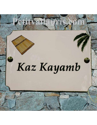 Grande Plaque de villa en faience émaillée décor artisanal palme et instrument de musique Kayamb + inscription personnalisée