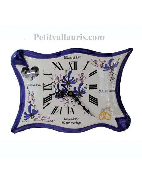Horloge-pendule de Mariage modèle parchemin avec photo décor fleurs bleues
