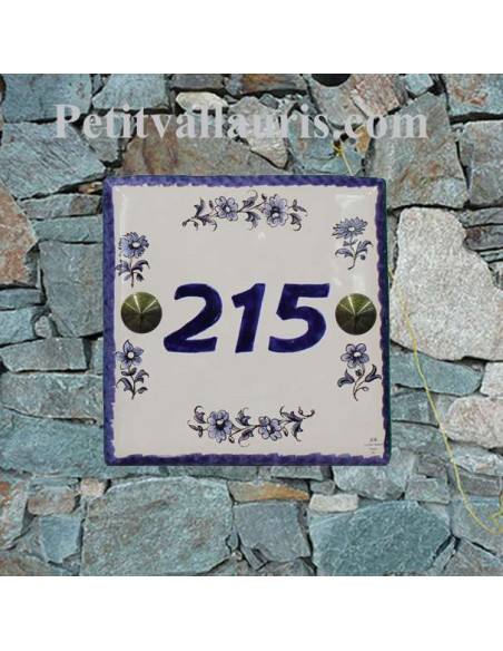 Numéro de Maison en faience motif fleurs camaieux bleu + chiffre personnalisé