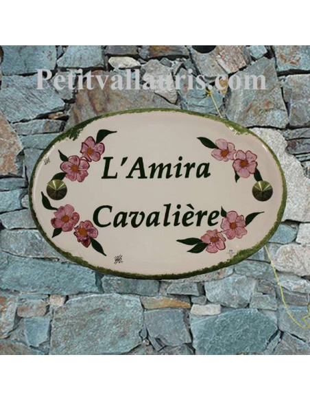Plaque en céramique émaillée pour maison de forme ovale décor artisanal fleurs Lauriers roses +personnalisation