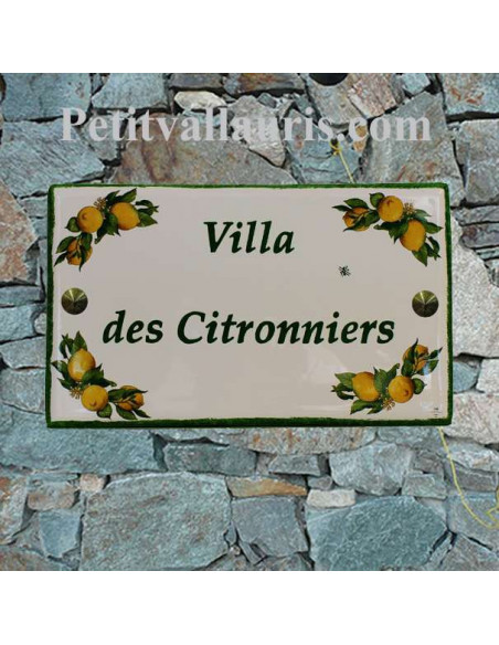 Grande plaque de maison rectangulaire 20x40 en céramique émaillée motif les citrons + personnalisation