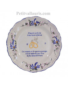Assiette anniversaire de mariage souvenir noces d'or personnalisable modèle Louis XV décor fleurs bleues
