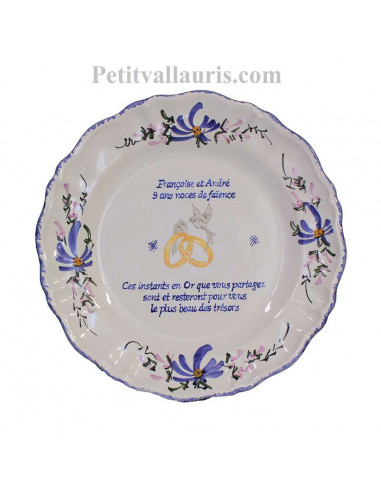 Assiette anniversaire de mariage pour noces d'orchidée personnalisable  modèle Louis XV décor fleurs bleues