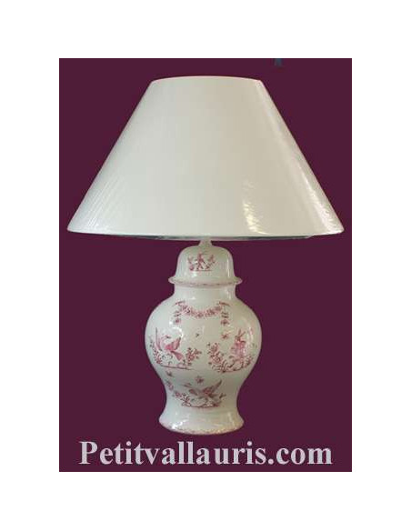 Pied de Lampe en faïence blanche modèle chinois décor reproduction Vieux Moustiers rose