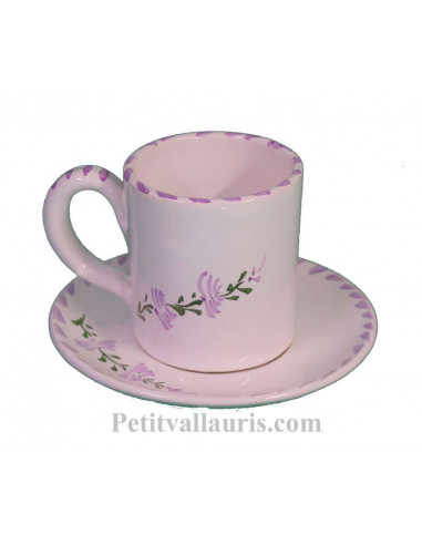 Tasse à café et sous tasse en faience blanche décor artisanaux fleurs de lavande mauve-parme collection Nana'60