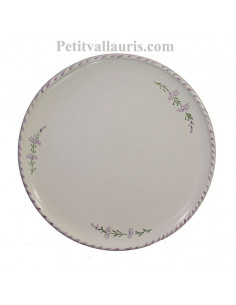 Plat rond à tarte en faience blanche au décor artisanal fleurs de lavande mauve-parme collection Nana'60