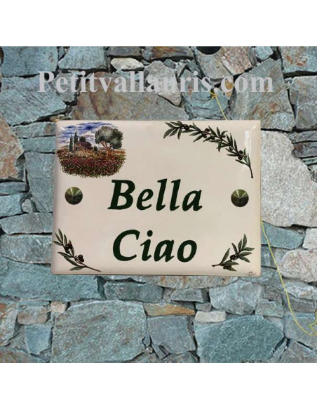 plaque de maison céramique décor bastide provençale et brins d'olivier marquage personnalisé vert