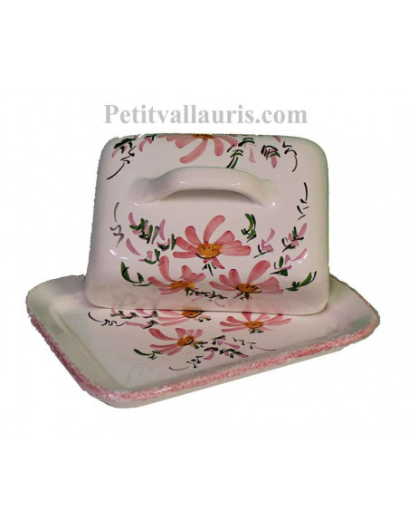 Beurrier en faïence blanche et décor artisanal fleurs roses
