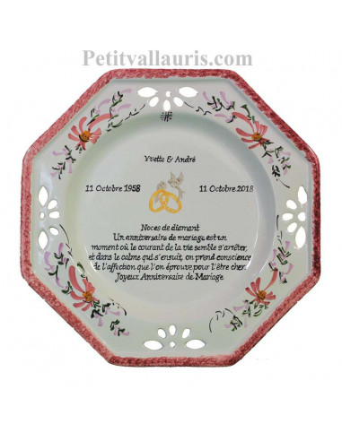 Grande Assiette Anniversaire 60 Ans De Mariage Modele Octogonale Noces De Diamant Motifs Fleurs Roses