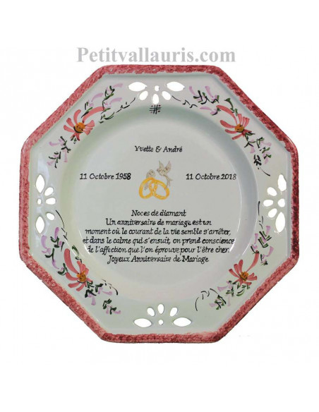 Grande assiette anniversaire 60 ans de Mariage modèle octogonale noces de diamant motifs fleurs roses