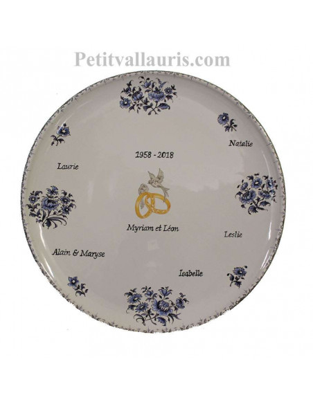 plat rond pour souvenir Mariage décor fleurs bleues et inscriptions personnalisées