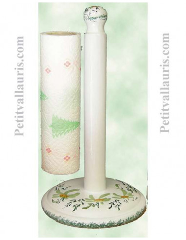 Dérouleur de papier essuie-tout à poser en faience blanche décor artisanal fleuri vert