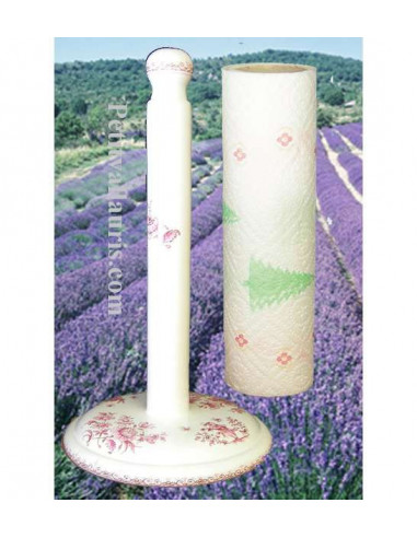 Dérouleur de papier essuie-tout à poser en faience blanche décor reproduction moustiers rose