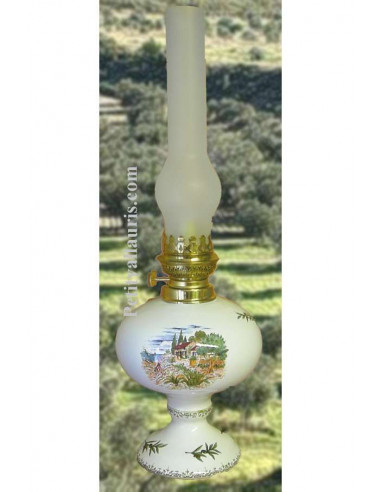 Lampe sur pied en faience bec à huile-pétrole ou montage éléctrique décor paysage provençal brin d'olives