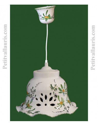 Petite suspension en céramique blanche modèle cloche dentellée décor fleuri vert