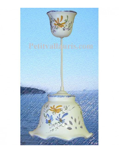 Suspension décorative céramique dentelée Cloche fleurie jaune et bleue
