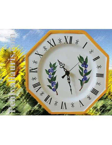 Horloge murale modèle octogonale en faïence décor artisanal collection olives bleues