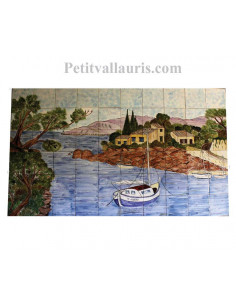 Fresque murale sur carreaux de faience décor artisanal modèle Voilier et Calanque 100x150