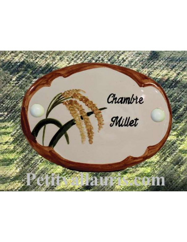 Plaque de porte en faience blanche modèle ovale motif artisanal brin de millet avec personnalisation