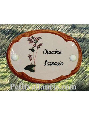 Plaque de porte en faience blanche modèle ovale motif artisanal brin de Sarasin avec personnalisation