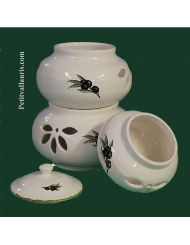 Conservateur en faience blanche pour Ail, Oignon et Echalotte 3 pots empilés motif décor olives noires