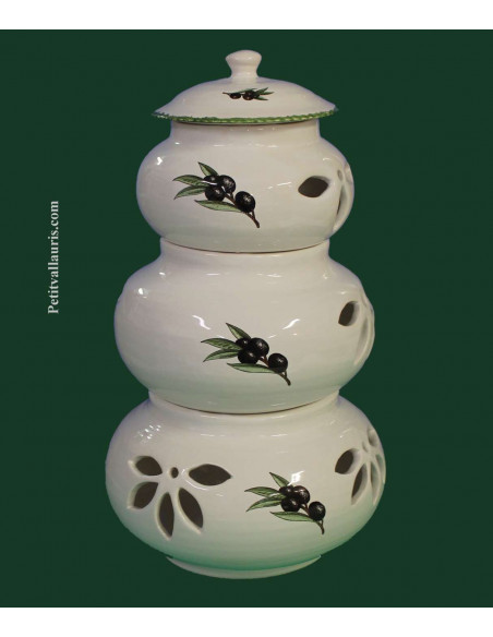 Conservateur en faience blanche pour Ail, Oignon et Echalotte 3 pots empilés motif décor olives noires
