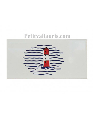 Carrelage frise 10 x 20 blanc brillant collection marine avec motif  phare rouge et blanc