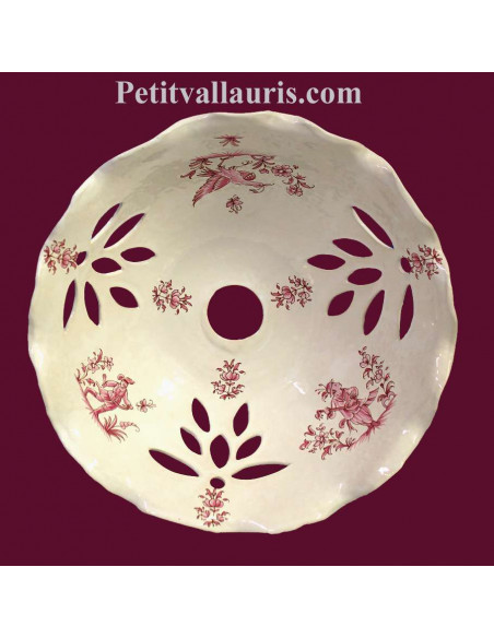 Suspension -plafonnier en céramique blanche et décor reproduction moustiers rose diamètre 33 cm