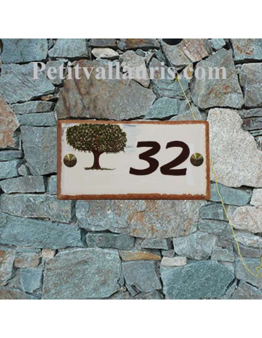Plaque de maison en faience émaillée motif artisanal arbre murier-platane avec votre inscription personnalisée